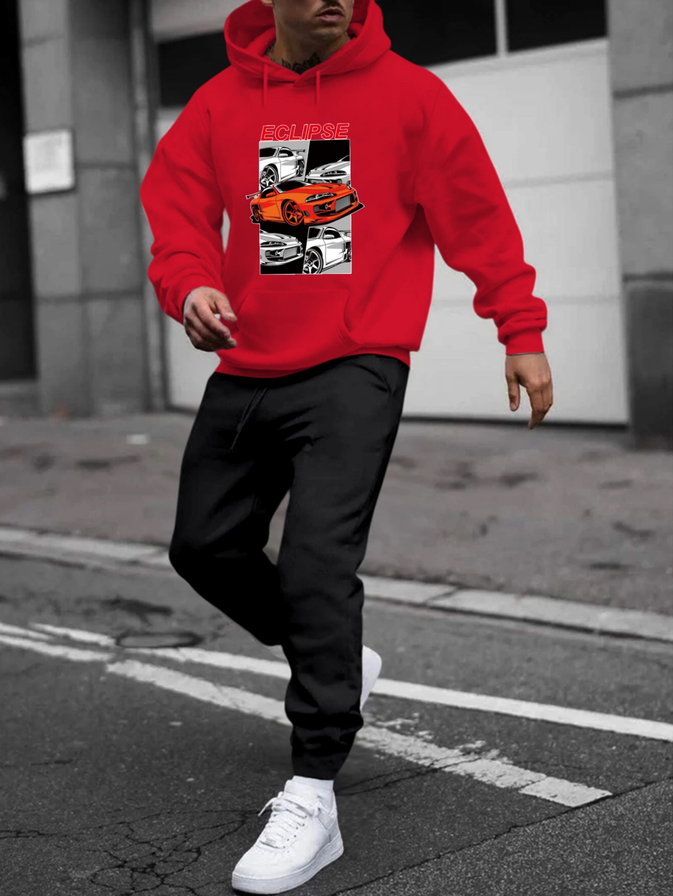 Red hoodie men store outfit