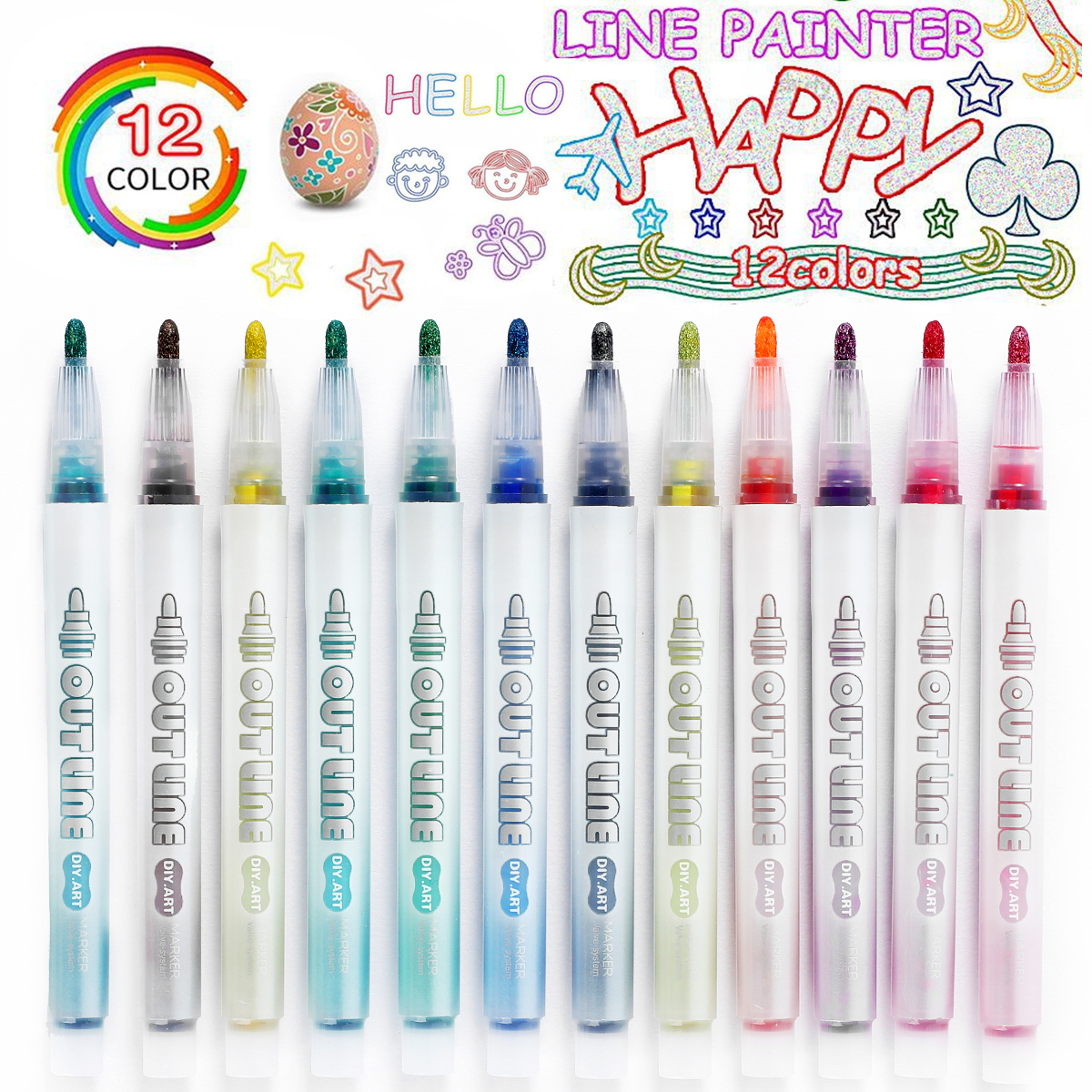 8/12 Colors Double Line Contour Pen Metal Marker Pen - Temu