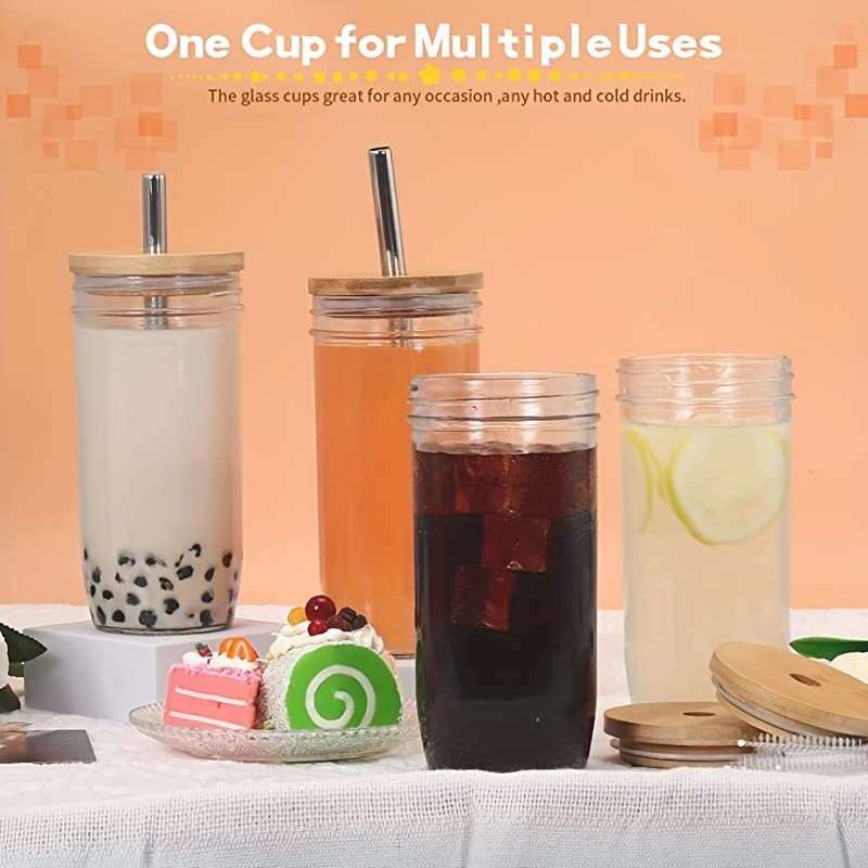 2pcs, Iced Coffee Cups With Lids And Stainless Steel Straws, 24oz/730ml,  Mason Jar Glass Tumbler, Reusable Boba Cups, Iced Coffee Drinking Glasses  For