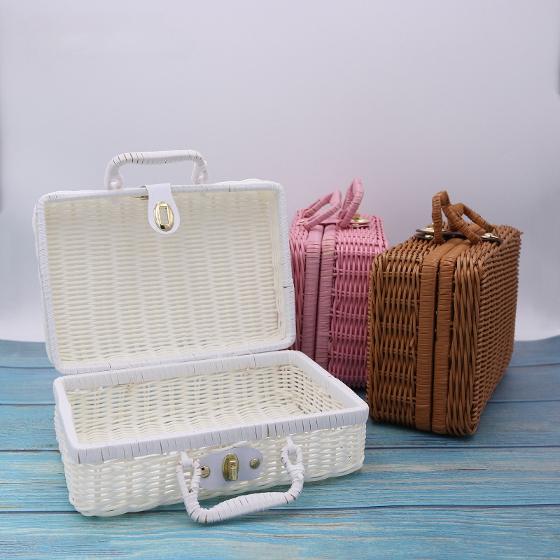 Maleta de mimbre de plástico retro, caja de maleta de ratán con cerradura  de correa de cuero, caja de almacenamiento de mimbre para picnic al aire