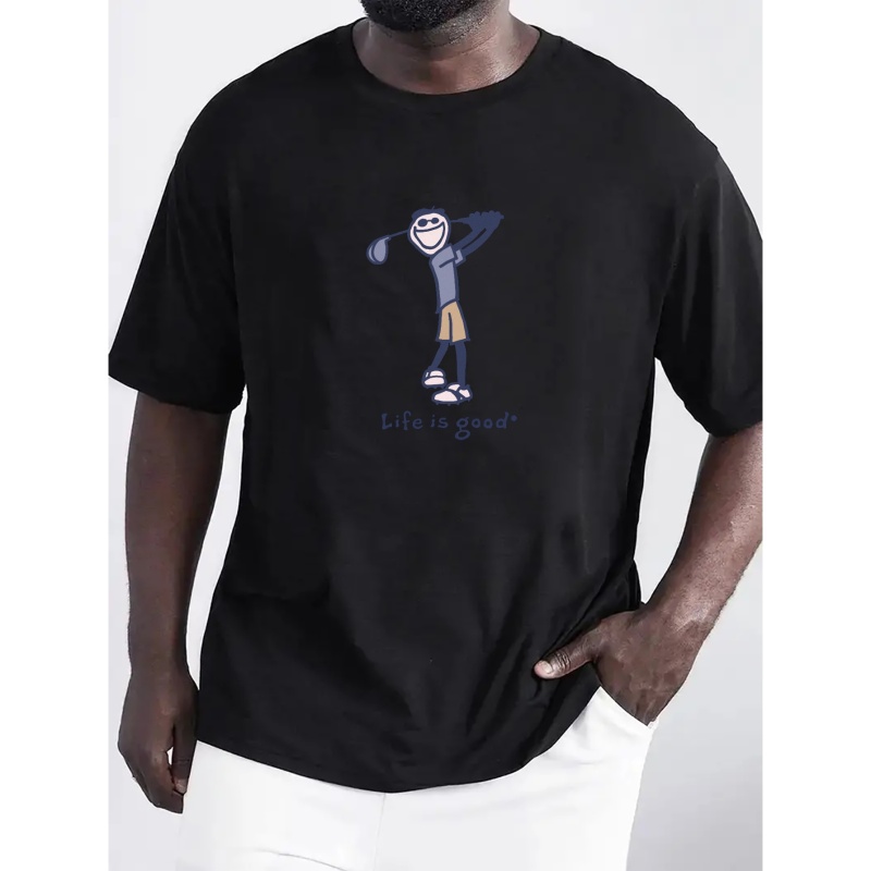 Cute Cartoon Golf Man Print Men's T-shirt For Summer Outdoor, All-match Men's Crew Neck Tops