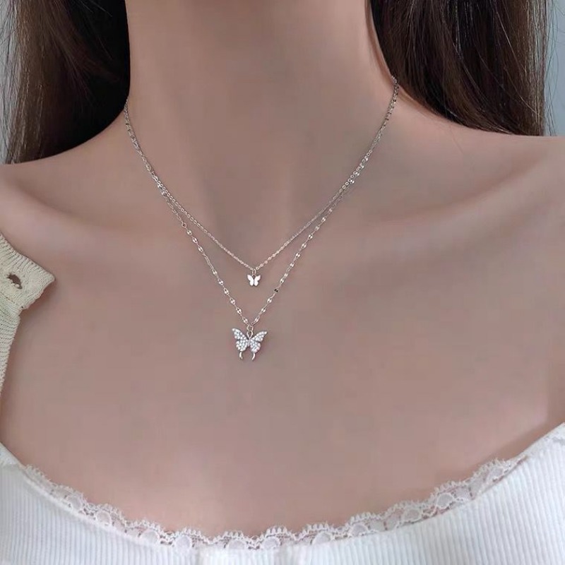 Double Layers Thin Chain Necklace Mini Butterfly Shape - Temu