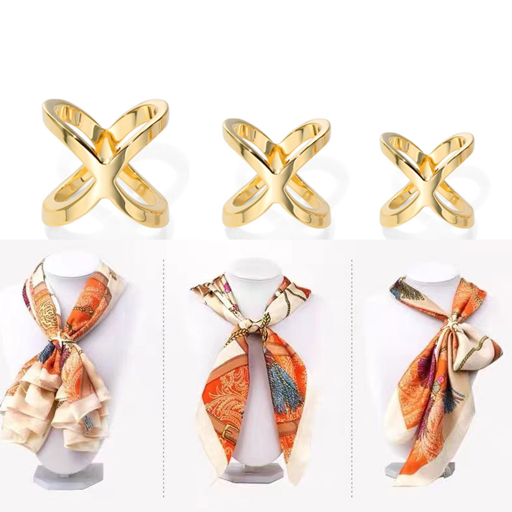 2PCS Women Girls Elegant X-Shaped Modern Simple Scarf Clips Fashionable  Cross Hollowed Out Scarves Buckle Slide Jewelry Silk Scarf Clasp Rings