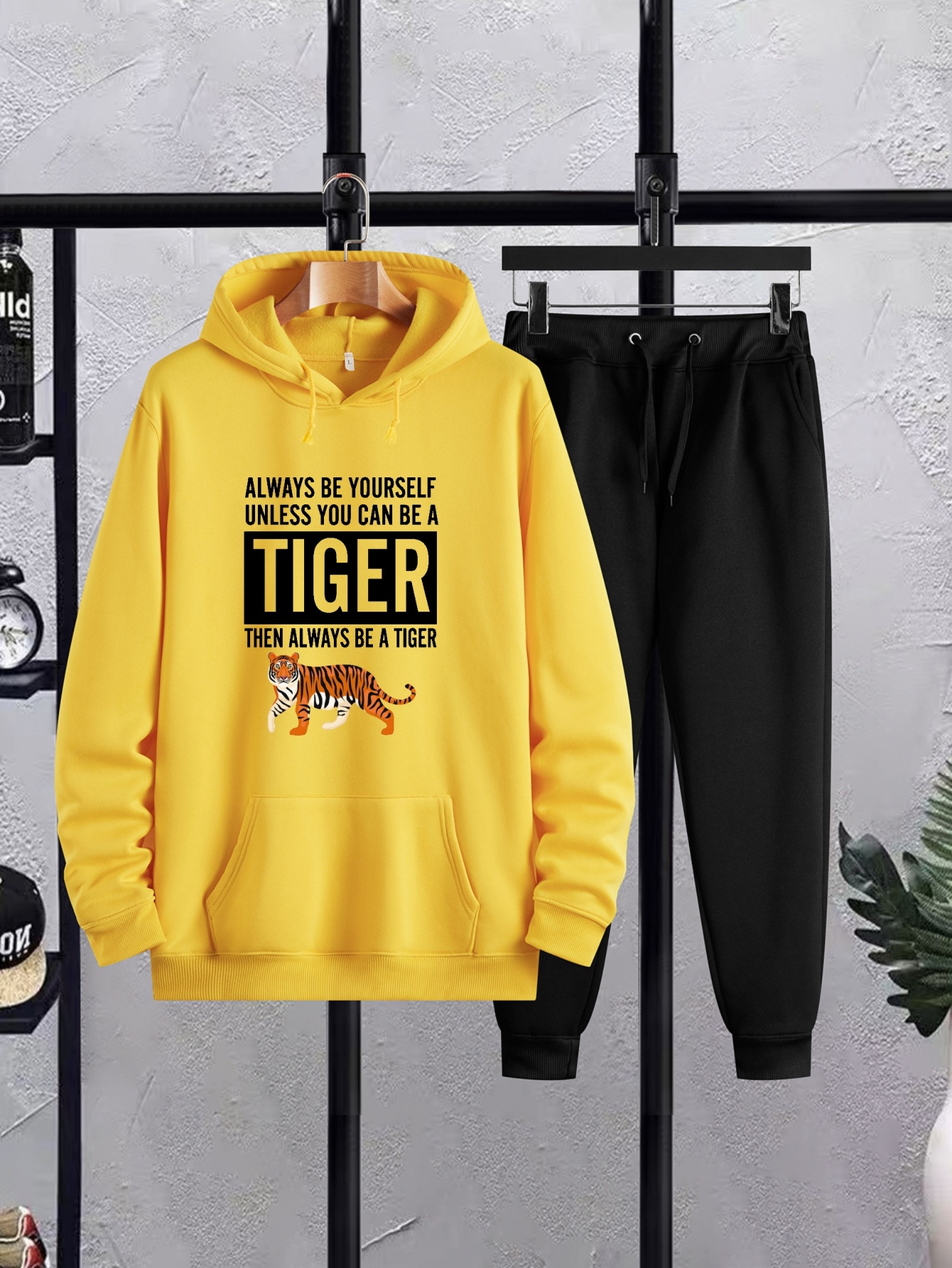 Conjunto de moletom com capuz com estampa de tigre, conjunto