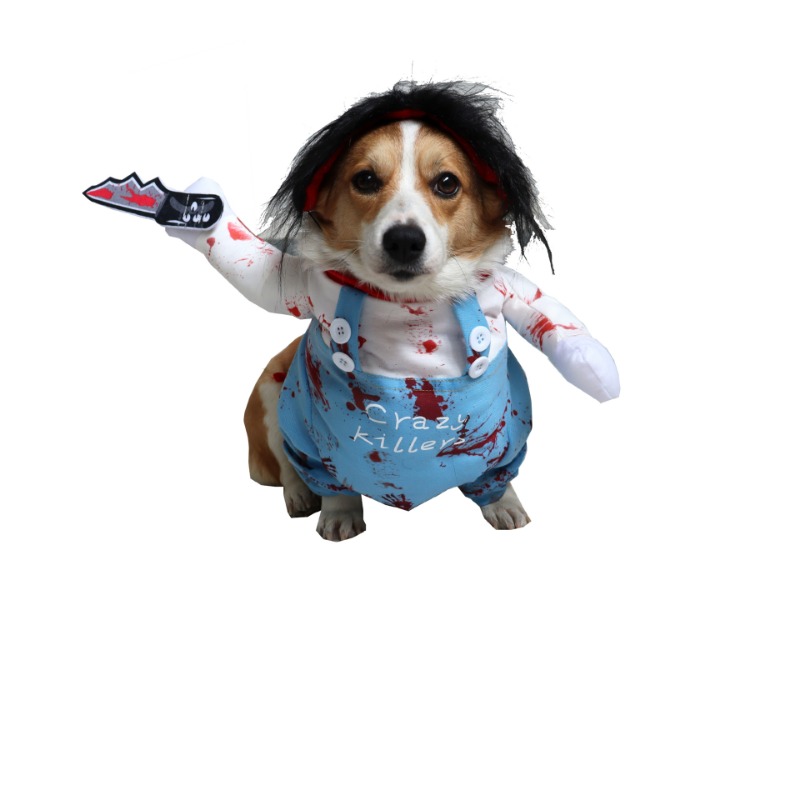  Deadly Dog Clothes Dog Costume Halloween Costumes for Dogs,  Adjustable Dog Cosplay Costume Funny Doll Wig Pug Dog Party Clothes  Christmas Costume, Dog Deadly Costume with Blood Knife : Pet