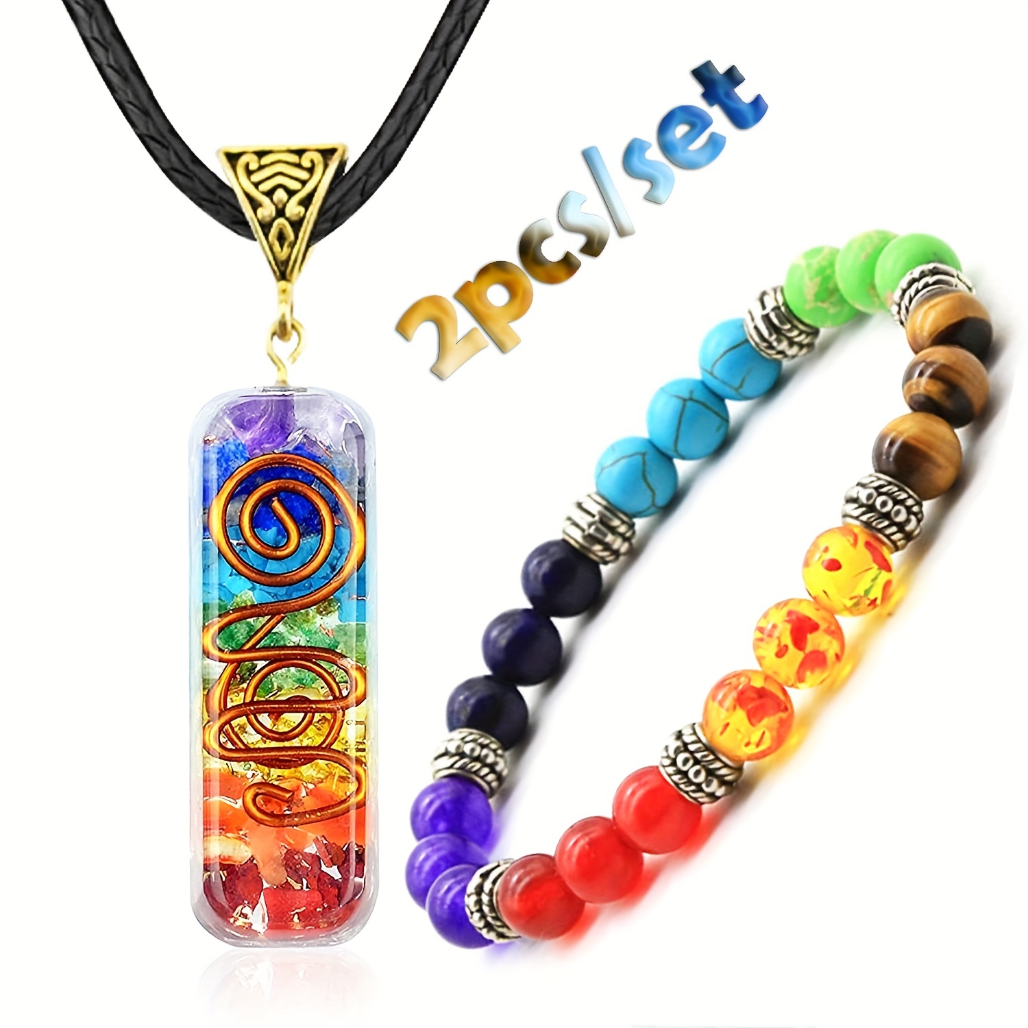 2pcs     colored   pendants necklace volcanic   bead bracelet set for men details 1