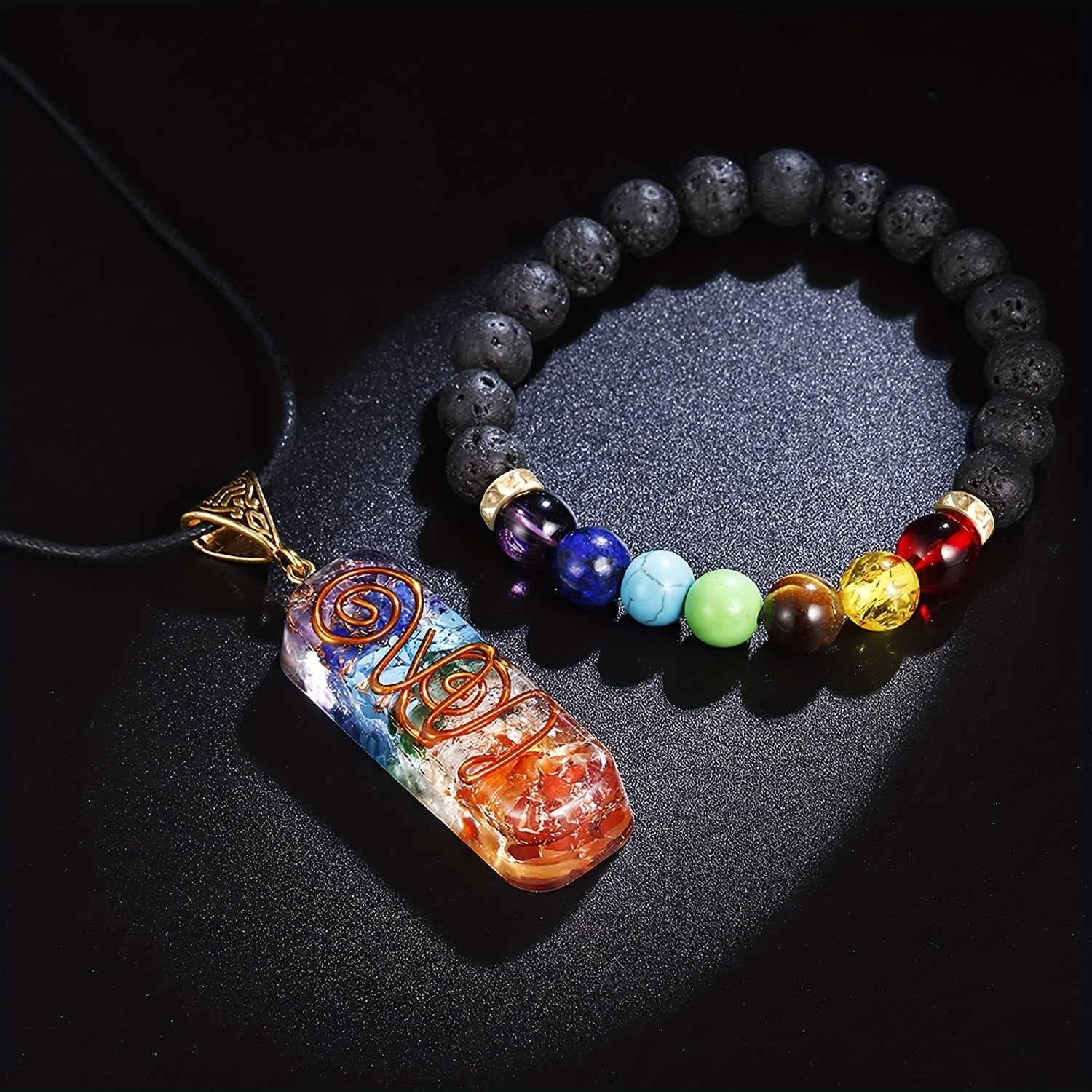 2pcs     colored   pendants necklace volcanic   bead bracelet set for men details 9