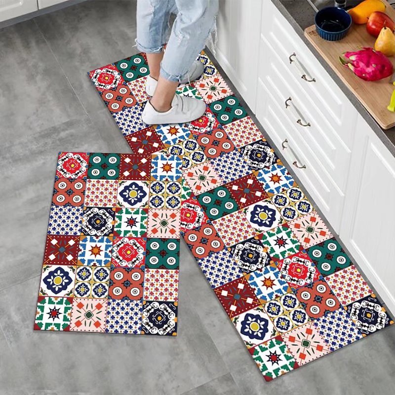 1pc Bohemian Style Colorful Geometric Pattern Carpet And 2pcs Farmhouse Kitchen  Sink Mats, Non-slip Water Absorbent Anti-stain Kitchen Laundry Area Rug