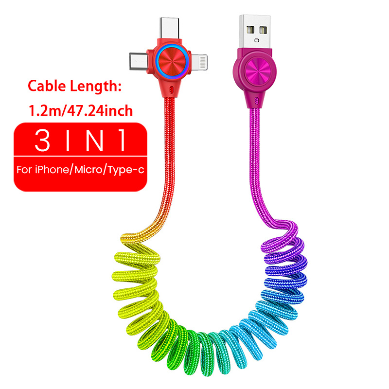 Image of 3in 1 Spring 3a Fast Charging Cable For Iphone Micro Type C Charger Cord For Retractable Usb Data Cable