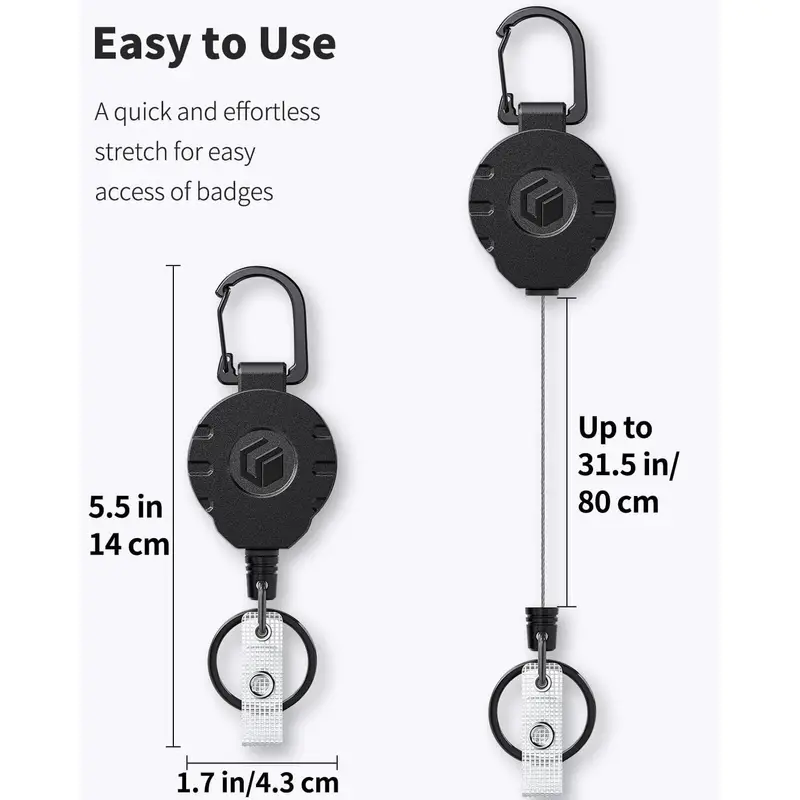 Retractable Keychain For Badge Holder Heavy Duty Badge Reel For Up To 8 Oz  Strong ABS Casing With Stainless Steel Spring Coil 31.5 Inch Steel Wire Rop