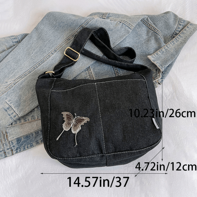 Retro Style Denim Canvas Tote Bag, Butterfly Embroidery Shoulder