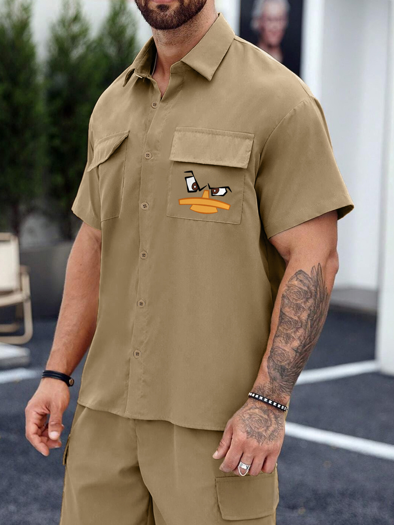 Cartoon Face & Duck Pattern Short-sleeved Shirt, Men's Casual Button Up  Lapel Shirt For Summer - Temu