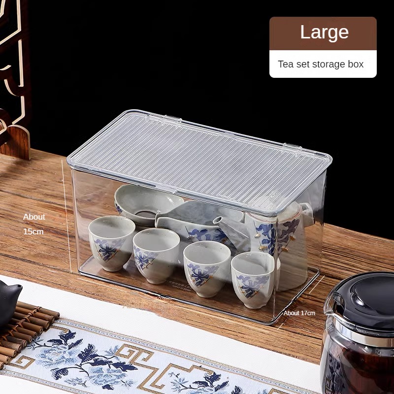 Tea Set Storage Box Dustproof Tea Cup Storage Container with Drain