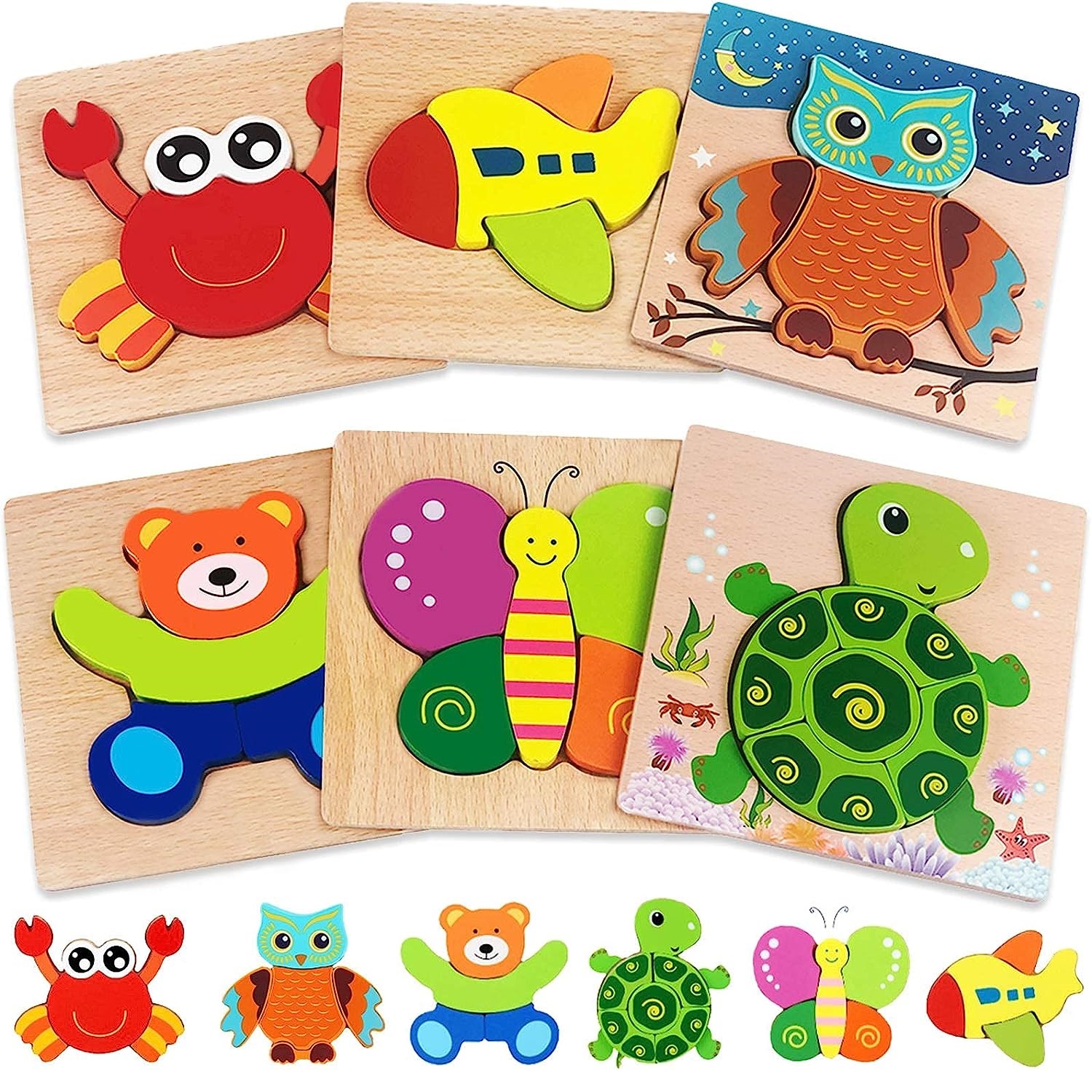  Wooden Puzzles for Toddlers 1-3, 6 Pack Peg Puzzles