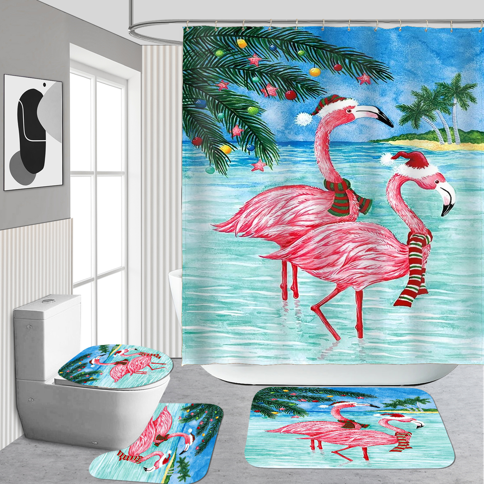 4Pcs Hawaii Flamingos Bird Ocean Beach Shower Curtain Sets, Merry Christmas  Decor Bathroom Sets With Shower Curtain & Rugs, Toilet Lid Cover, Non-Slip