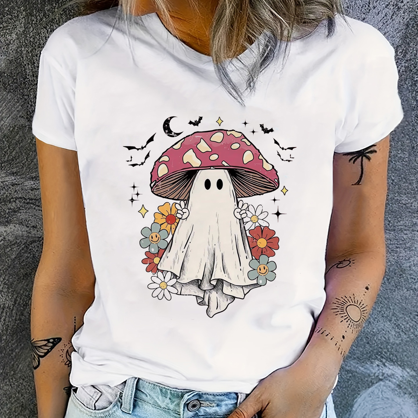 

Ghost Mushroom Print T-shirt, Casual Crew Neck Short Sleeve Summer Top, Women's Clothing