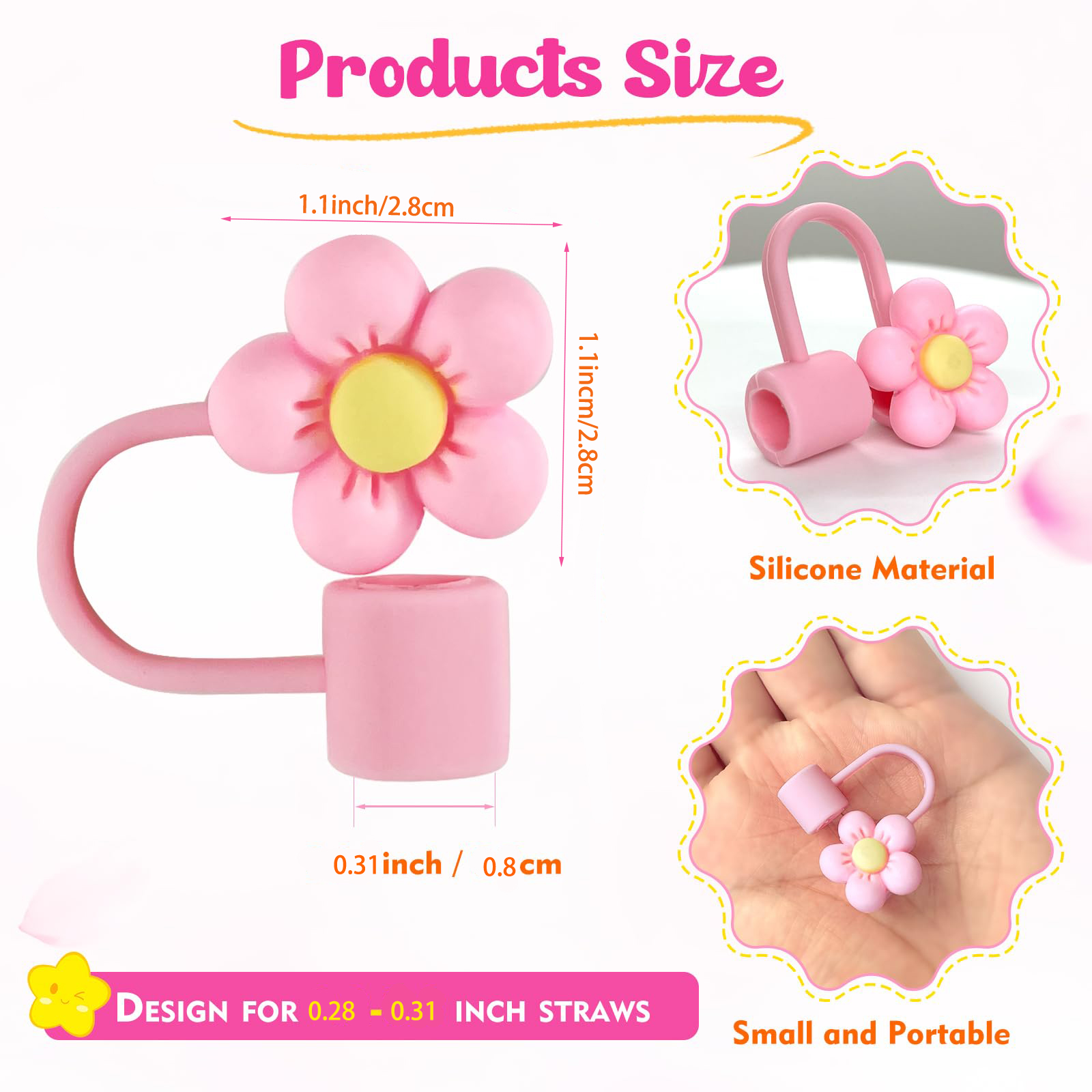 Silicone Straw Covers Cap Cute Flower Straw Toppers for Tumblers