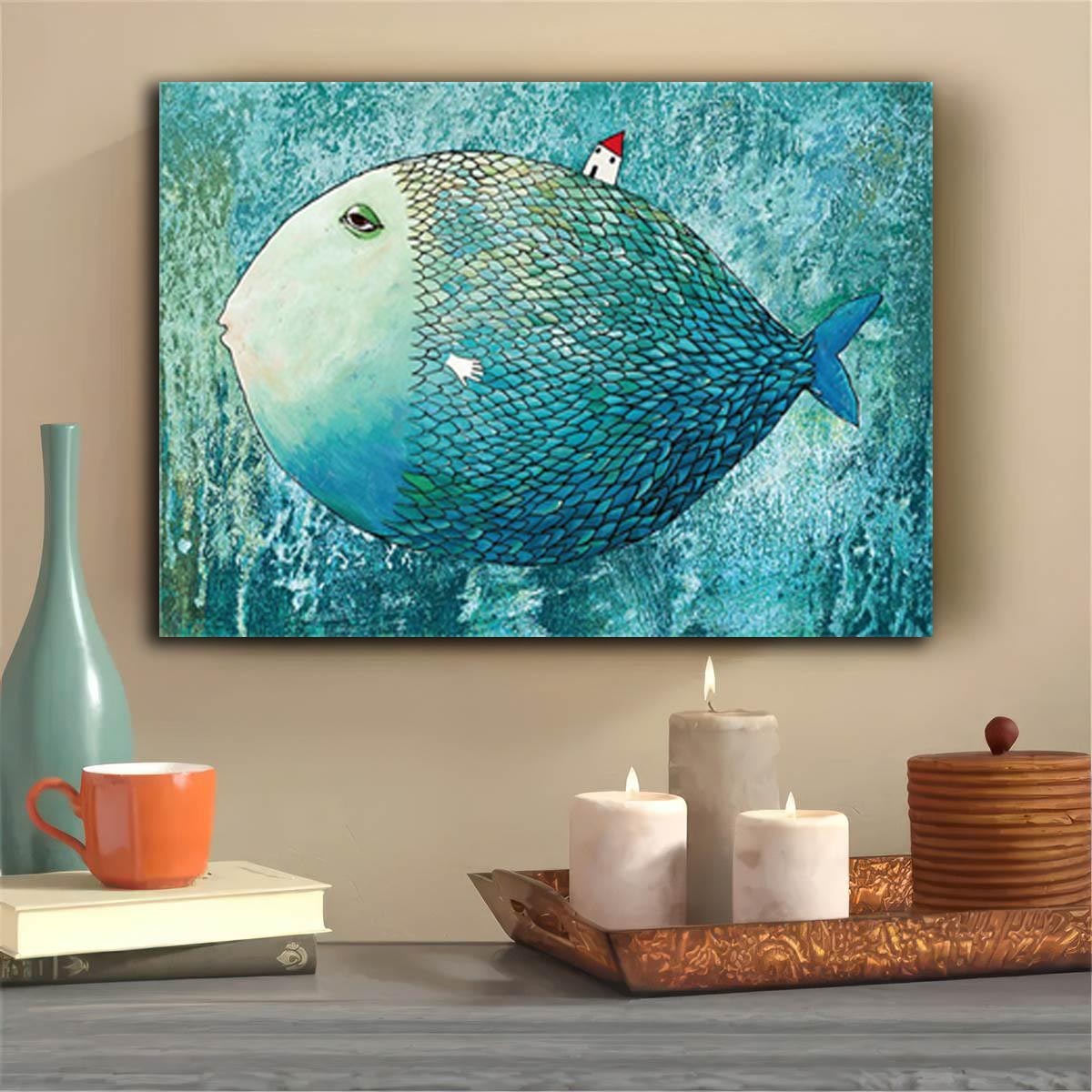 1pc Canvas Poster, Modern Art, Minimalist Style, Big Fish In The Deep Sea,  Home Canvas Art, Ideal Gift For Bedroom, Decor Wall Art, Wall Decor, Fall D