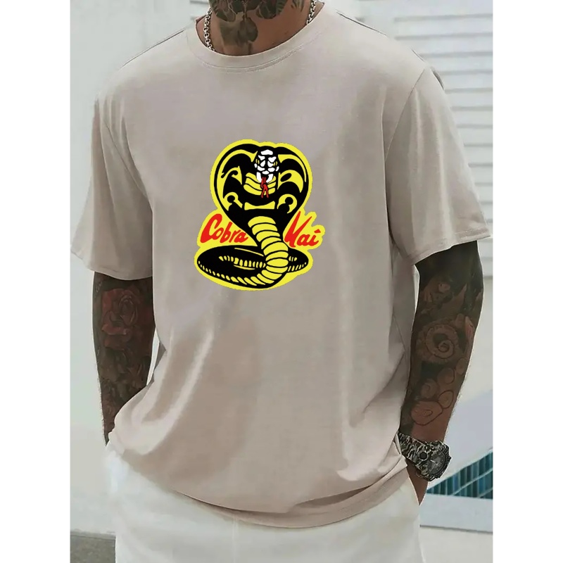 

Yellow Cobra Pattern Men's T-shirt For Summer Outdoor, Trendy Men's Graphic Crew Neck Tops