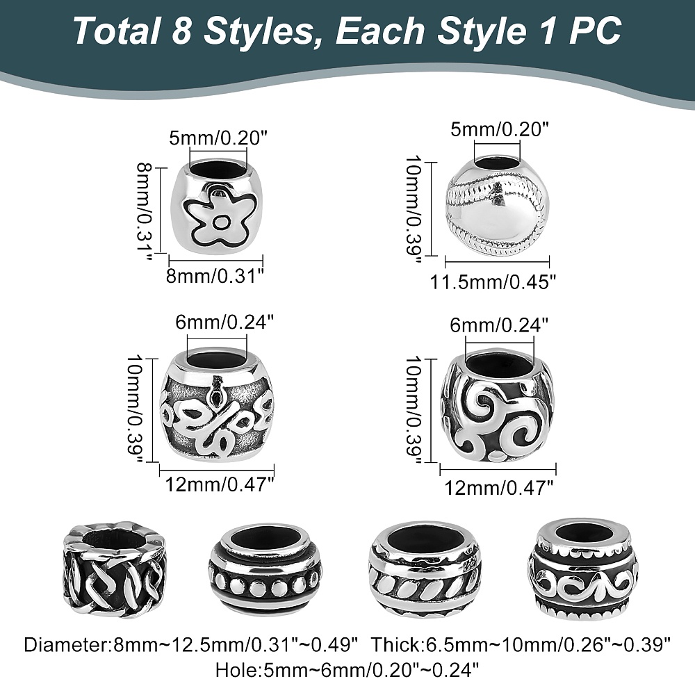 8 Styles 316 Surgical Stainless Steel Large Hole Beads - Temu