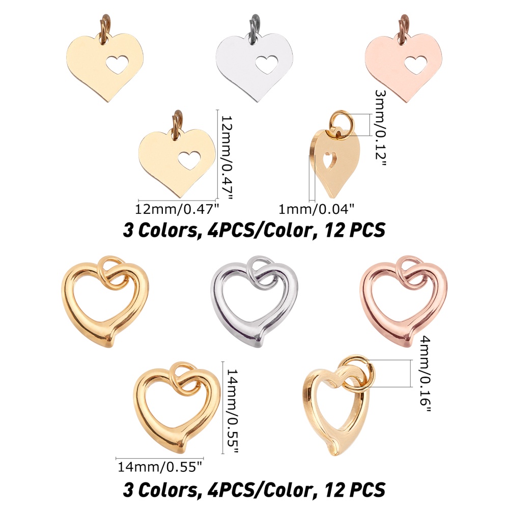 3 Stainless Steel Floating Heart Charms 304 Stainless Steel