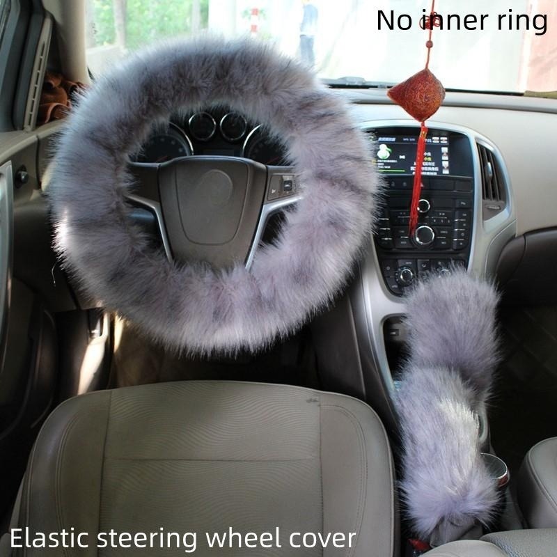 3pcs Set Winter Warm Fluffy Furry Fuzzy Plush Soft Fur car Steering Wheel  Covers,Universal Thickening Faux Rabbit Fur Steering Covers car Interior