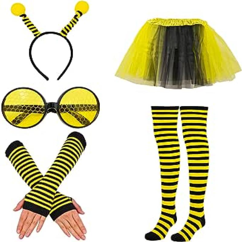 

Set, Costume Fancy Accessories Bee Bopper Antenna Headband, Black And Yellow Tutu Skirt, Bee Striped Leg Warmers Knee Thigh High Stocking, Bee Sunglasses And Long Gloves