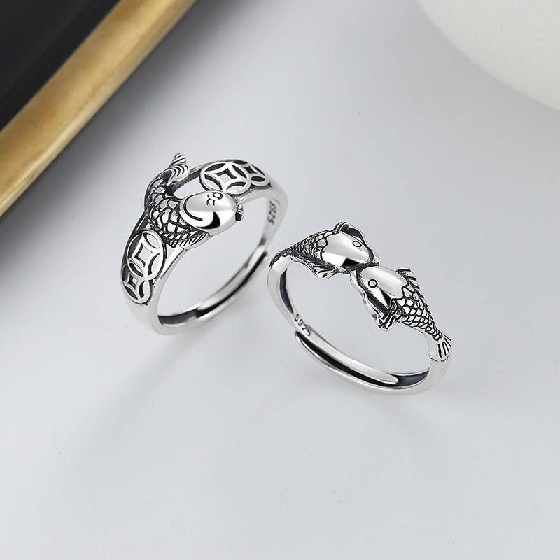 Men's 925 Silver Trendy Koi Fish Decor Ring, For Daily Wear, Gift For Party Holiday Birthday Anniversary