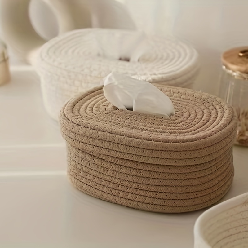 

1pc Rope Tissue Box, Oval Storage Box With Lid, Wipes Paper Storage Case, Mask Storage Basket Suitable For Bedroom Living Room Office For Shops