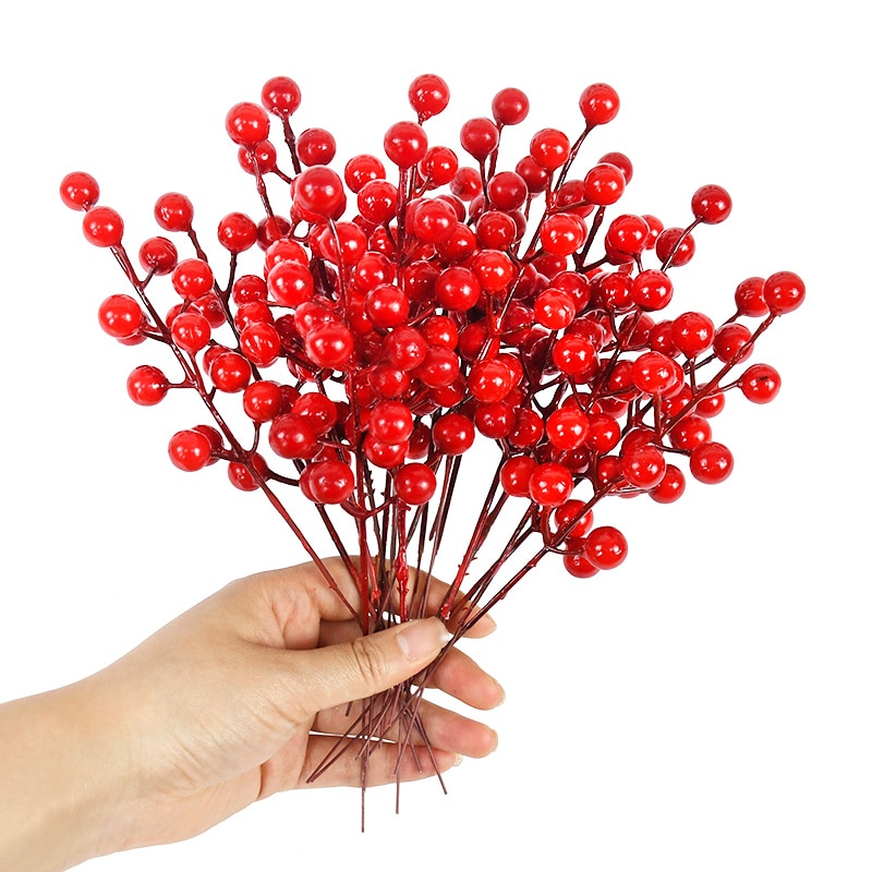 10Pcs Mini Rich Red Artificial Berry Stems,Christmas Red Berries