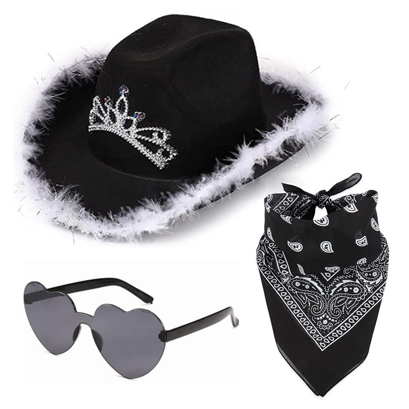 Black Cowgirl Hat with Heart Glasses & Bandana - Western Cowboy