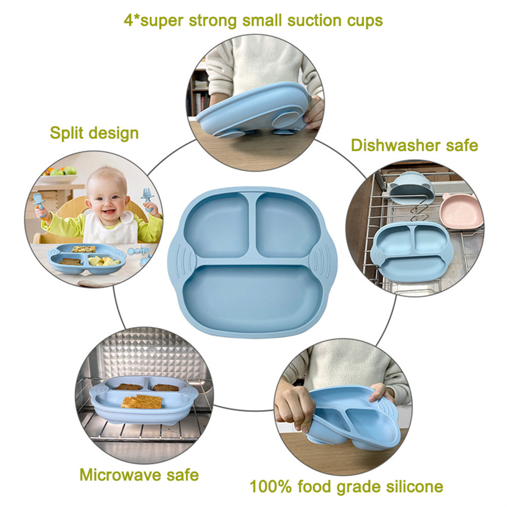  Juego de 14 piezas de silicona para alimentación de bebé,  suministros de destete para tapa de bebé, incluyendo plato dividido con tapa,  taza, babero ajustable, cucharas y tenedores para niños 