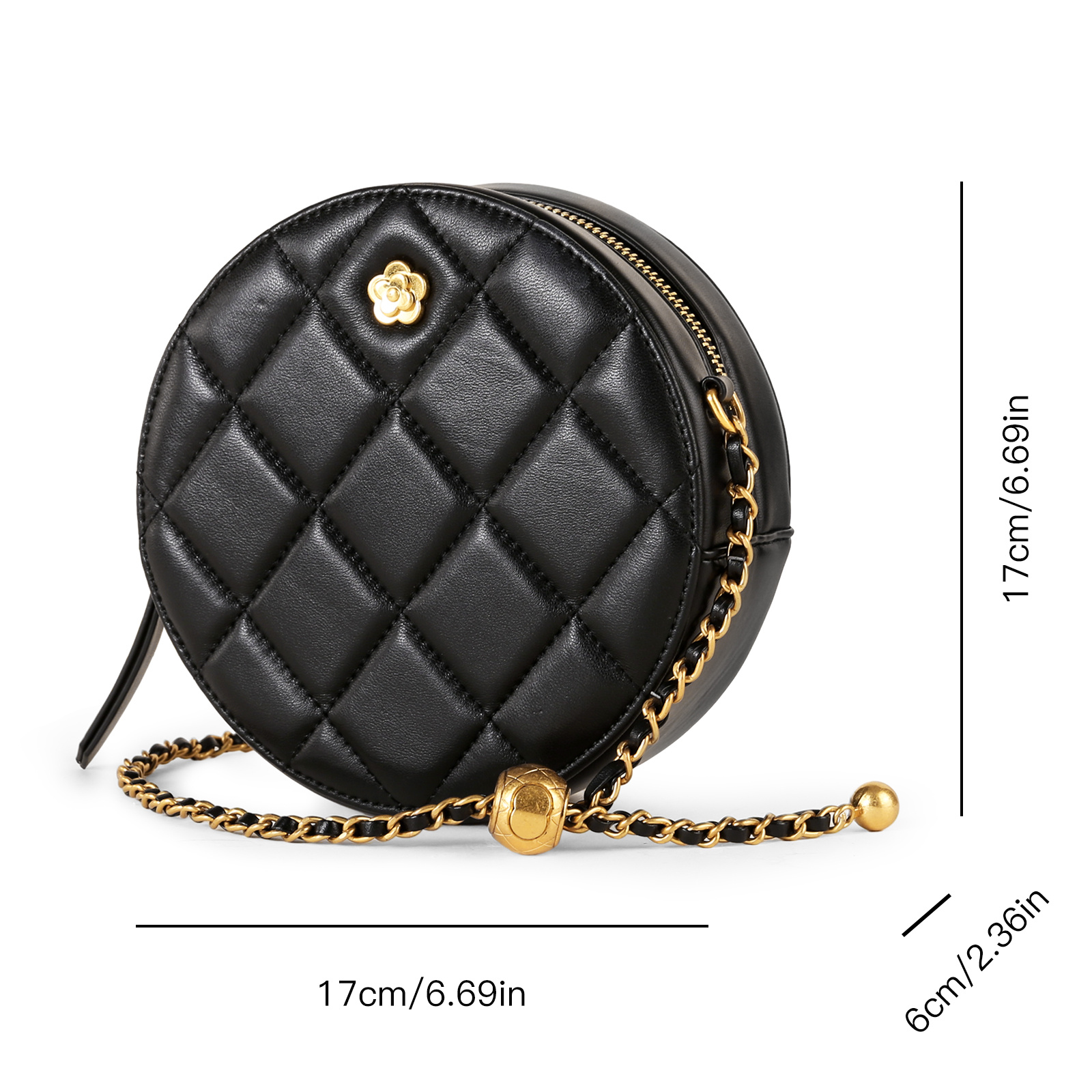 TOUTOU Mini Leather Round Purse For Women, Fashion Quilted Crossbody Bag,  Shoulder Bag With Adjustable Small Golden Bead Chain Strap