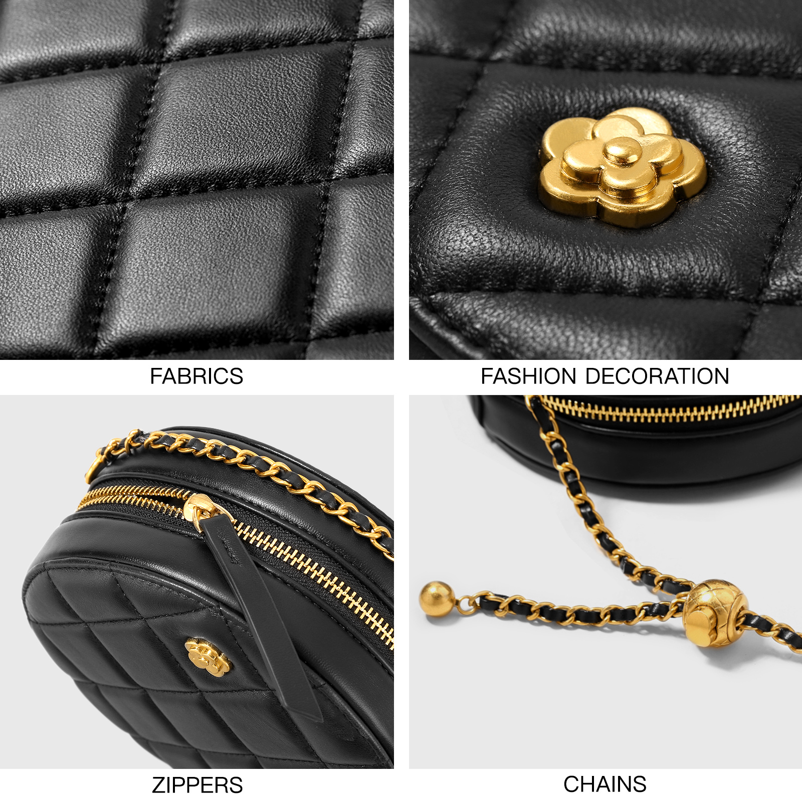 TOUTOU Mini Leather Round Purse For Women, Fashion Quilted Crossbody Bag,  Shoulder Bag With Adjustable Small Golden Bead Chain Strap