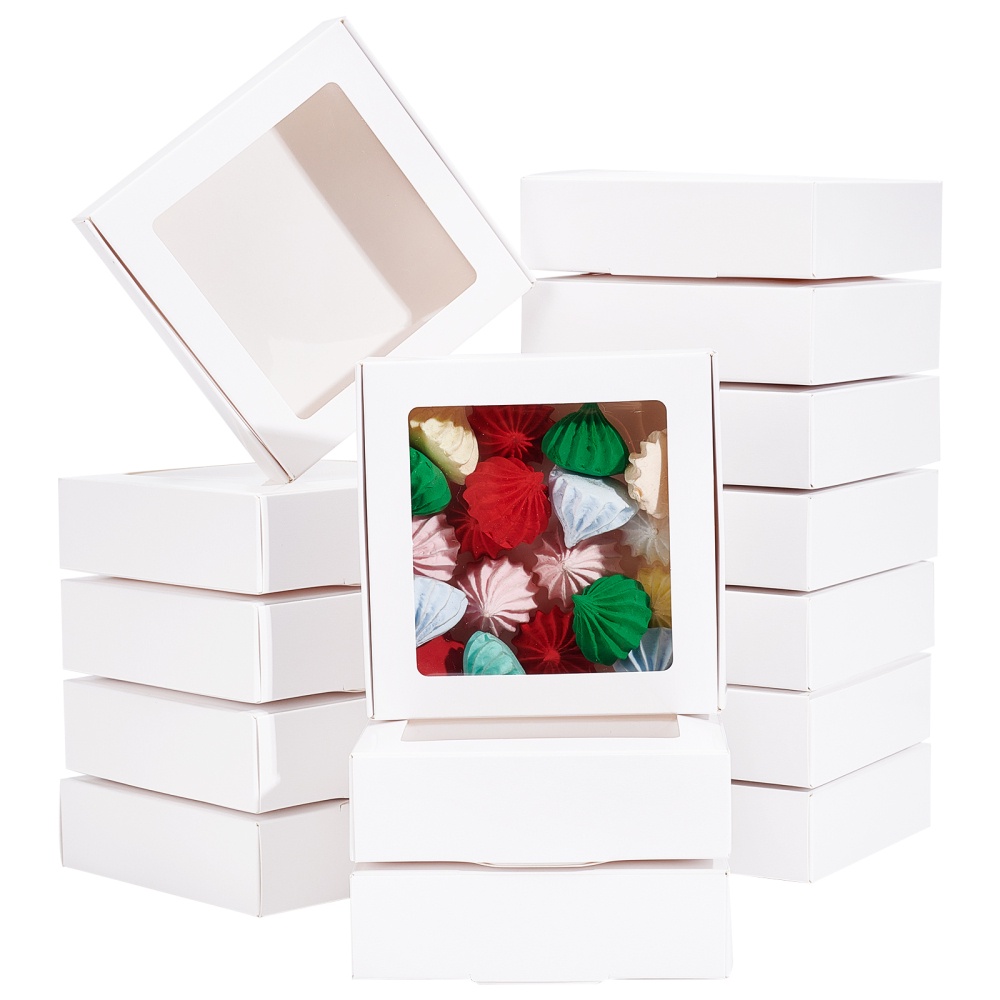 

16pcs 10.5x10.5x3cm Clear Pvc Square Window Gift Boxes White Kraft Paper Valentine's Day Present Package Display Boxes For Party Favor Treats Small Gifts Or Crafts, Small Business Supplies