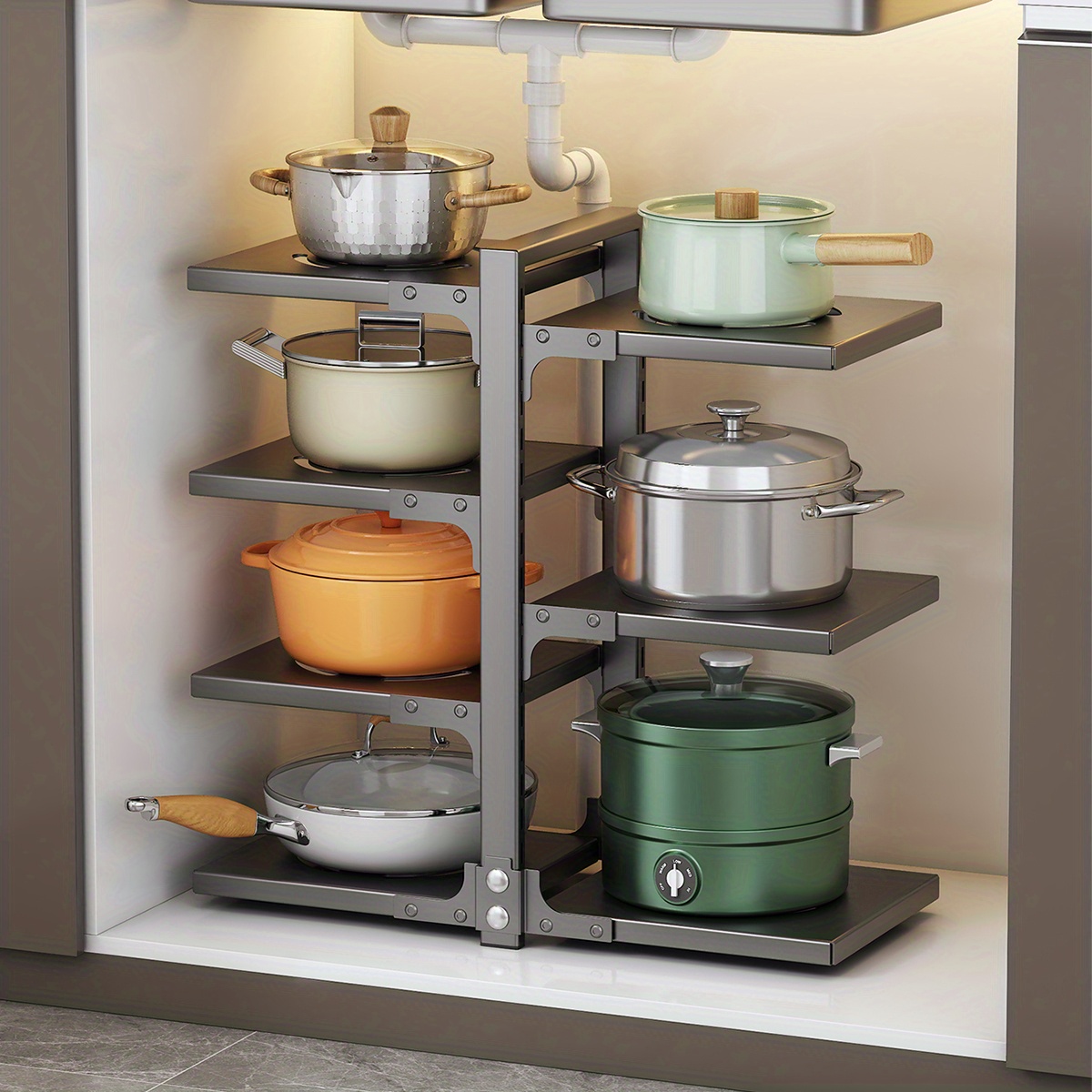 Adjustable Pan Pot Rack Under Sink Pot Holder Heavy Duty Kitchen Storage