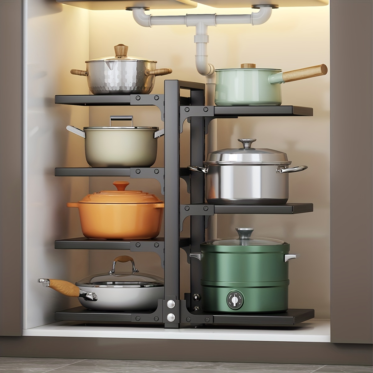 Adjustable Pan Pot Rack Under Sink Pot Holder Heavy Duty Kitchen Storage