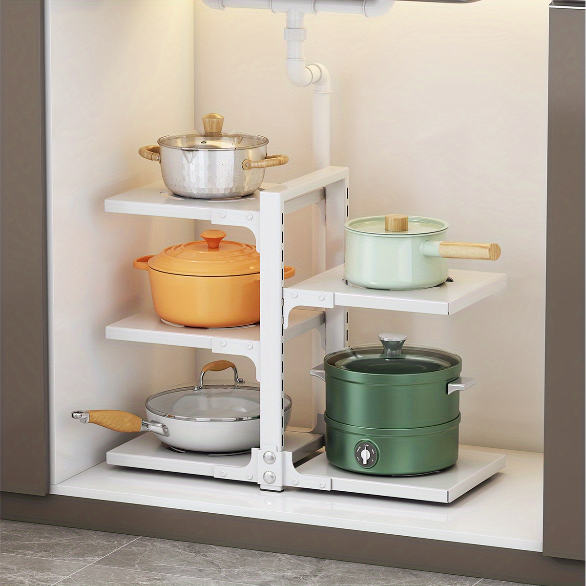Adjustable Pan Pot Rack Under Sink Pot Holder Heavy Duty Kitchen Storage