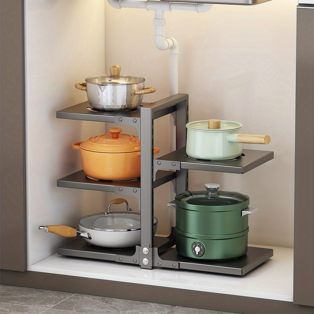 Adjustable Pan Pot Rack Under Sink Pot Holder Heavy Duty Kitchen Storage