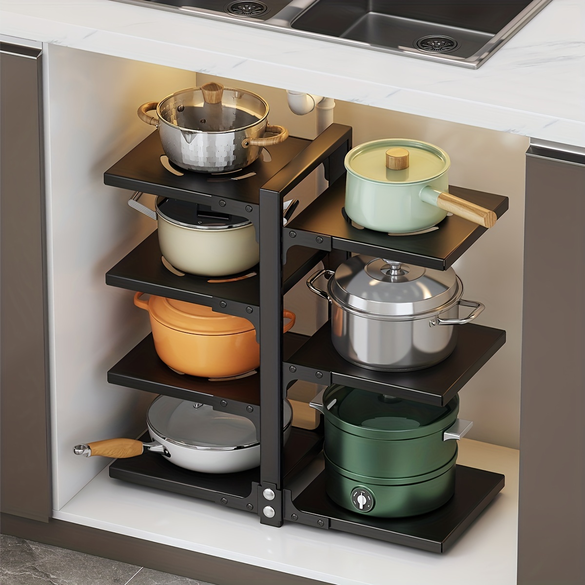Adjustable Pan Pot Rack Under Sink Pot Holder Heavy Duty Kitchen Storage