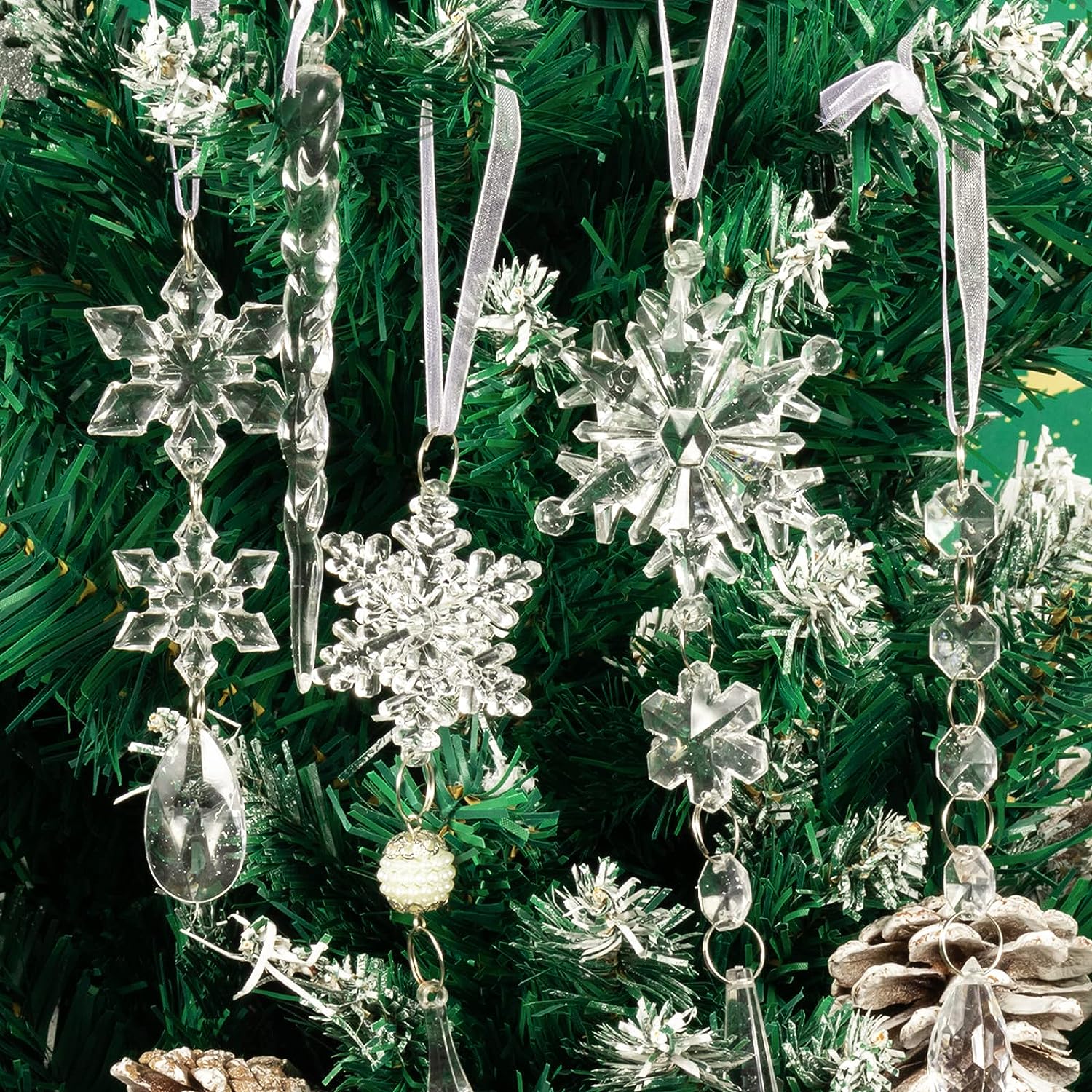 18pcs Crystal Christmas Ornaments for Christmas Tree Decorations-Hanging  Acrylic Snowflake and Icicle Ornaments with Drop Pendants for Christmas Tree  New Year Party Decorations Supplies
