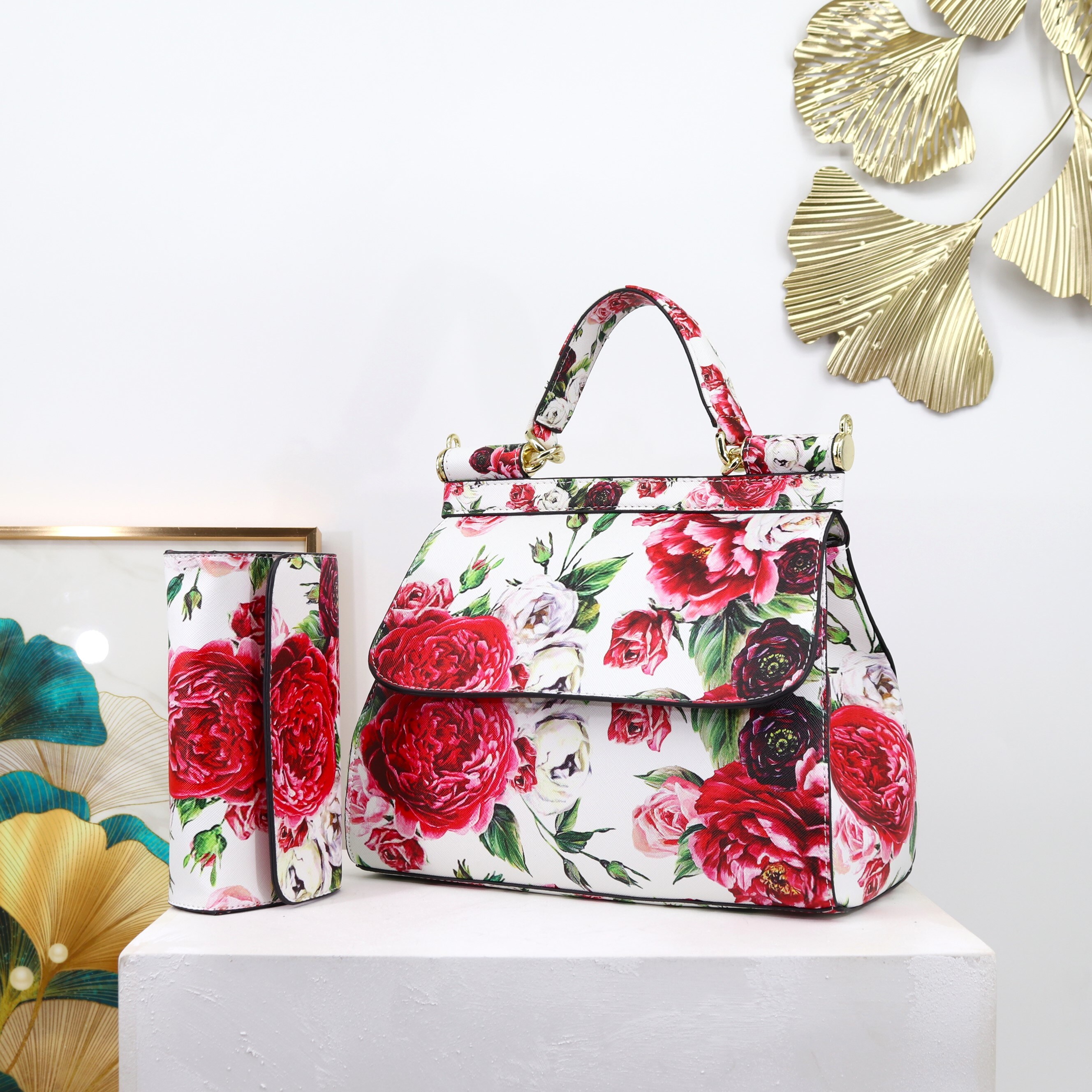 Dolce & Gabbana Rose & Butterfly Print Shoulder Bag in White
