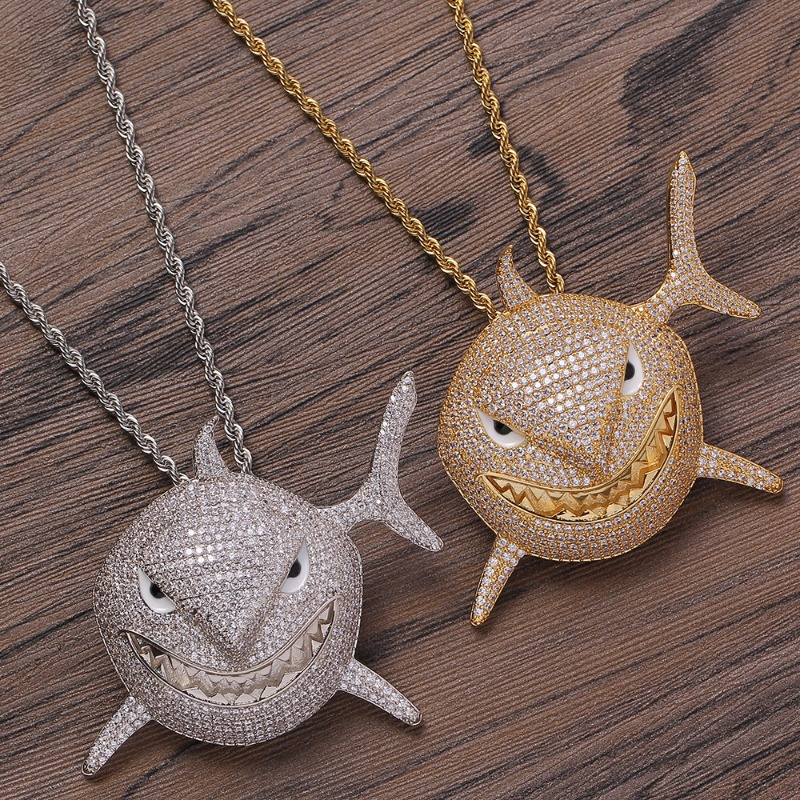 1pc Men's Large Shark Pendant, Hip Hop Bronze Set Zircon Dominant Men's  Necklace , Fierce Shark Pendant