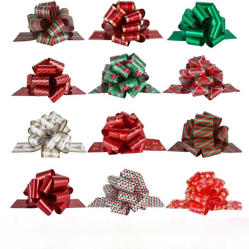 PintreeLand 12PCS Christmas Gift Bows, 5” Xmas Wrap Pull Bows with Ribbon  Wrapping Accessory for Present, Florist, Bouquet, Basket Decor, Easy to