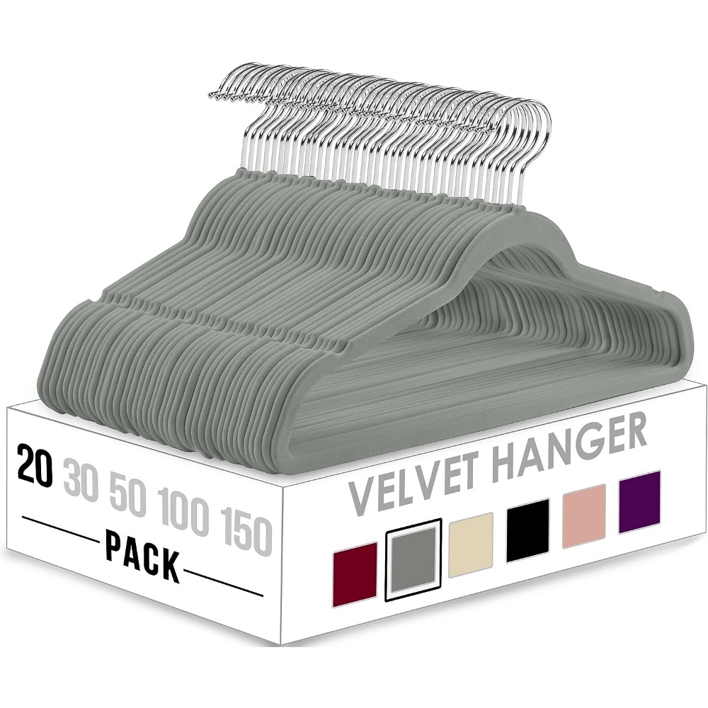 20pcs/pack Grey Velvet Non-slip Clothes Hanger, Home Use