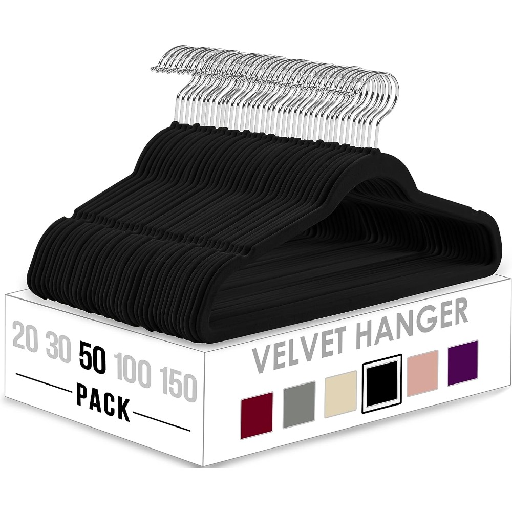 Velvet Hangers 50 Pack, Black Felt Hangers Non Slip with Rose Gold