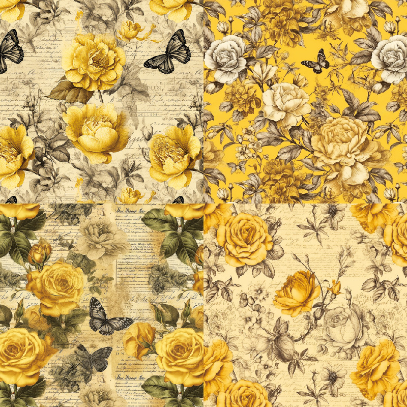 Yellow and Black Floral Paper Digital Scrapbook Paper Shabby
