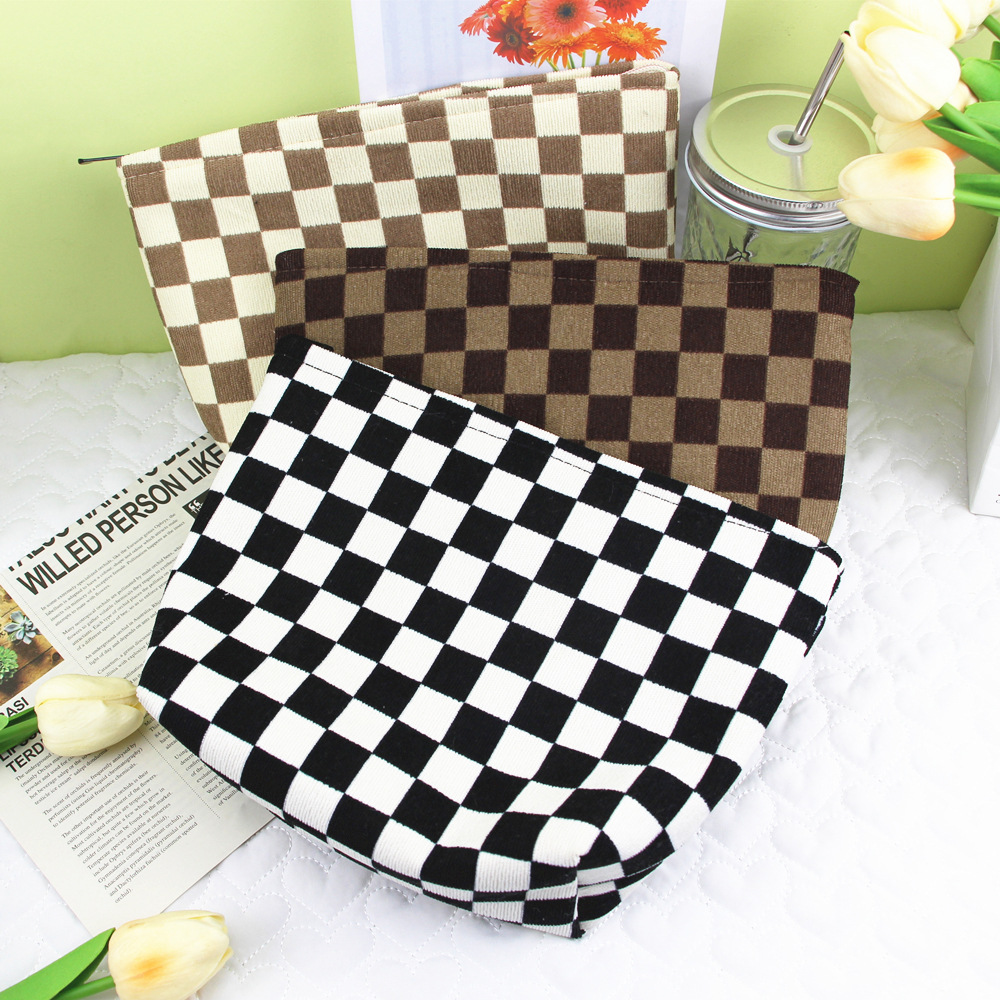 Checkered Pattern Make Up Bag Zipper Top Handle, Cosmetic Bag
