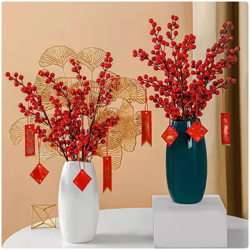 Artificial Red Berries Twig Fake Flower Faux Holly Berry - Temu