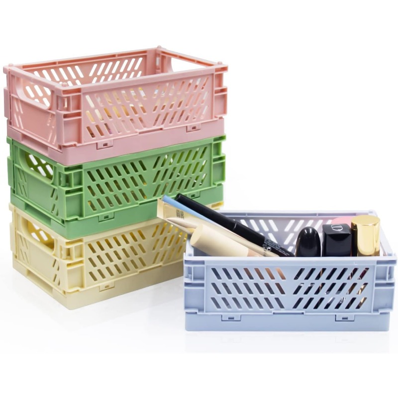 Paquete de 4 cajas de almacenamiento plegables de plástico plegables para  cocina, cesta apilable de almacenamiento de escritorio para el hogar
